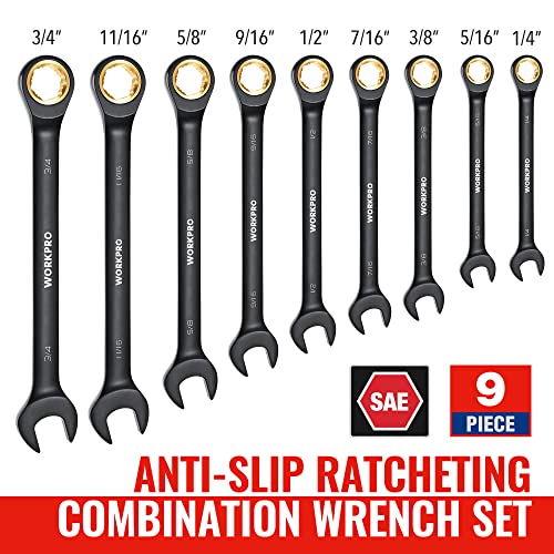 WORKPRO 9-Piece Anti-Slip Ratcheting Combination Wrench Set, SAE 1/4"-3/4", 72-Teeth, Cr-V Constructed, Black Ratchet Wrenches Set with Roll Up Pouch - style: SAE