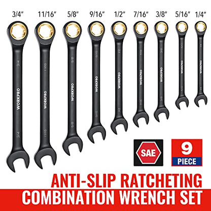 WORKPRO 9-Piece Anti-Slip Ratcheting Combination Wrench Set, SAE 1/4"-3/4", 72-Teeth, Cr-V Constructed, Black Ratchet Wrenches Set with Roll Up Pouch - style: SAE