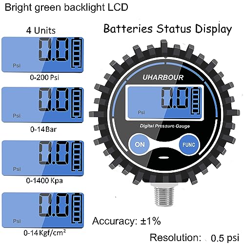 UHARBOUR Digital Air Pressure Gauge 5-200 PSI Digital Pressure Gauge 1/8" NPT, 2-1/2" Dial Size Auto Shut Off Air Pressure Gauge with Protective Case - size: 200PSI