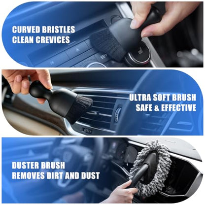 Car Interior Cleaning Kit - Windshield Cleaner Tool, 3 Graded Boar Brushes, Double Head AC Vent Shutter Brush, Towels, Duster, Car Interior Detailing Kit for RVs, Truck, Trailer