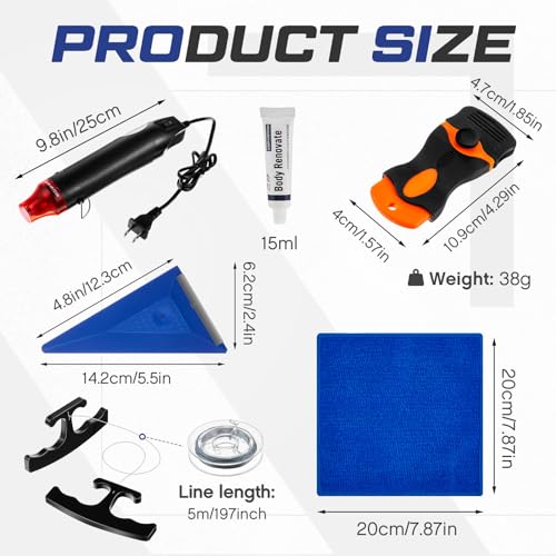 WILLBOND Emblem Removal Tool Kit Vinyl Wrap Kit Plate Line Remover with 5m PE Cord Heat Gun Razor Blade Scraper Squeegee Scratch Repair Paste Applicator Sponge Towel for Car Wrapping Film Installation