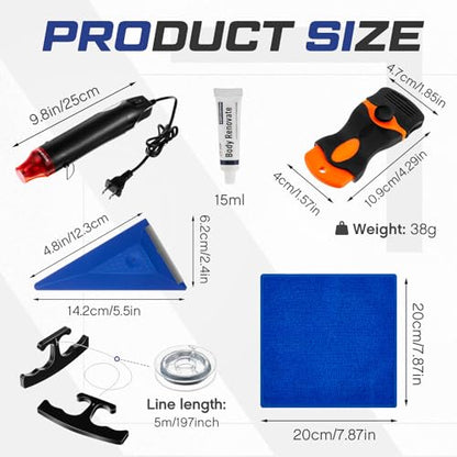 WILLBOND Emblem Removal Tool Kit Vinyl Wrap Kit Plate Line Remover with 5m PE Cord Heat Gun Razor Blade Scraper Squeegee Scratch Repair Paste Applicator Sponge Towel for Car Wrapping Film Installation