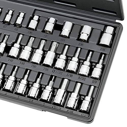 CARBYNE 36-Piece Hex (Allen) & Torx Bit Socket, SAE and Metric Hex, S2 Steel Bits, CrV Sockets, 1/4 in. 3/8 in. 1/2 in. Drive, Zinc Phosphate Bit Finish, Genuine Licensed Torx