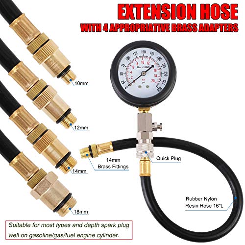 JIFETOR Engine Compression Tester Gauge Kit Cylinder Test Pressure Gage Tool 9PCS Set with Adapters for Testing Small Gas Petrol Gasoline Engine on Automotive Motorcycle Auto Outboard Motor Snowmobile