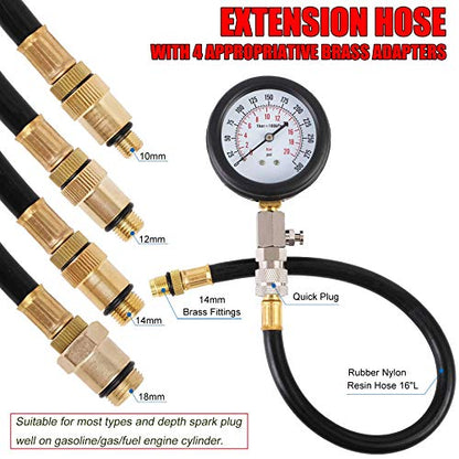 JIFETOR Engine Compression Tester Gauge Kit Cylinder Test Pressure Gage Tool 9PCS Set with Adapters for Testing Small Gas Petrol Gasoline Engine on Automotive Motorcycle Auto Outboard Motor Snowmobile