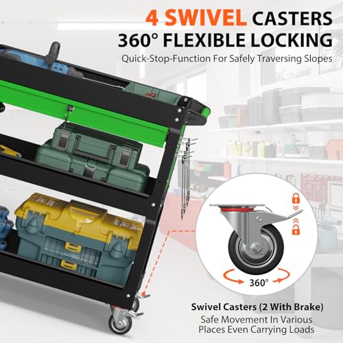 3-Tier Heavy Duty Utility Cart on Wheels, Rolling Tool Cart on Wheels with a Drawer, 350 Lbs Load Capacity Service Cart for Warehous, Garage and Repair Shop (Black&Green) - color: Black&green