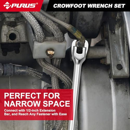 PURUS 13PCS 1/2 Drive Crowfoot Wrench Set, Large Sizes 20mm to 32mm Flare Nut Crow foot Wrenches with 14.7" Breaker Bar & 5" Extension Rod, Heavy Duty Mechanic Tools for Automotive & Truck Repair