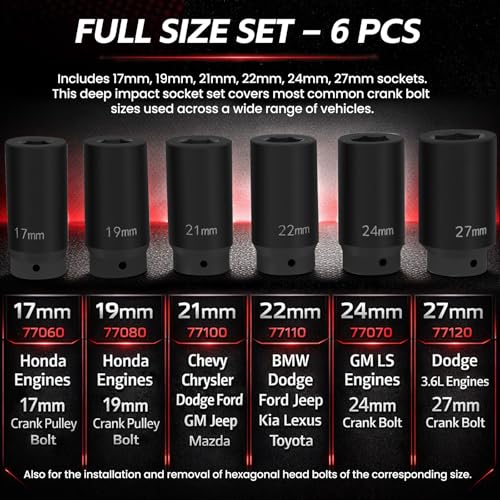 1/2" Drive Weighted Crank Bolt Socket Set, 17MM, 19MM, 21MM, 22MM, 24MM 27MM, Harmonic Balancer Socket Set, Weighted Deep Impact Socket Set, 3 Times Momentum Power of Standard Impact Socket