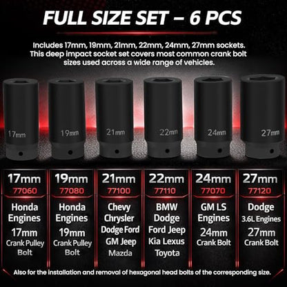 1/2" Drive Weighted Crank Bolt Socket Set, 17MM, 19MM, 21MM, 22MM, 24MM 27MM, Harmonic Balancer Socket Set, Weighted Deep Impact Socket Set, 3 Times Momentum Power of Standard Impact Socket