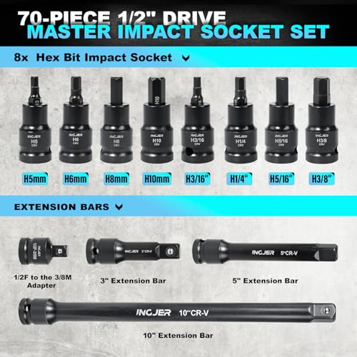 1/2" Drive Impact Socket Set, 70 Piece SAE 3/8" to 1-1/4" and Metric 10-24mm, 6 Point Cr-MO Alloy Steel for Auto Repair, Easy-to-Read Size Markings, Rugged Construction, Storage Case - size: 1/2inch 70PCS SET