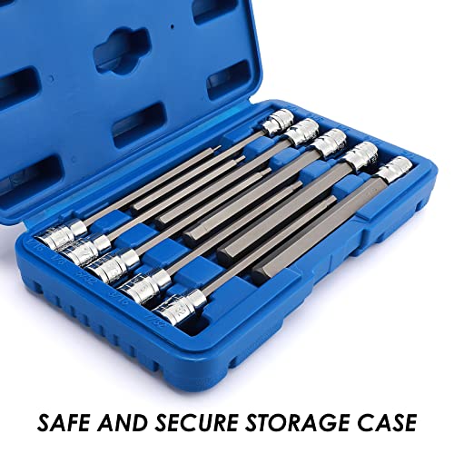 MIXPOWER 3/8 Inch Drive Long Hex Bit Socket Set, 1/16 Inch to 1/2 Inch, SAE, Extra Long Allen Hex Bit Socket Set, CR-V and S2 Steel, 10 Pieces - size: 1/16" - 1/2"