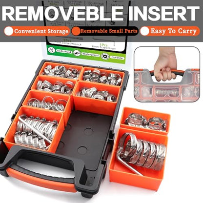 175Pcs Worm Gear Hose Clamps 304 Stainless Steel Assortment Kit 1/4"to 2"(6-51mm) Adjustable Hose Clamps, Small Heavy Duty Hose Clamps for Automotive/Garden/Water Pipe/Sprinkler Line/Fuel Line - size: 175pcs