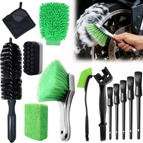 13PCS Motorcycle Cleaning Kit, Motorcycle Detailing Kit Overall Cleaner Tools Car Washing Brush Rims Cleaning Kit Chain Tire Wheel Brush Set Chain Tire for Car Bike Motorbike (Green) - color: Green