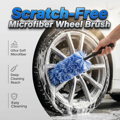 Wheel Barrel Cleaning Brush,2026 New Long Handle Microfiber Wheel Brush Car Duster,Lightweight Rim Detailing Tool for Narrow Spokes & Brake Calipers (Black+Blue Brush) - color: Black+Blue Brush