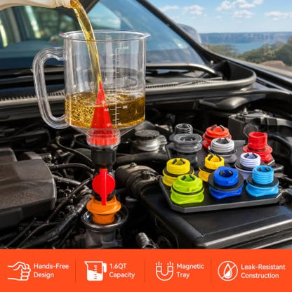 Engine Oil Funnel Kit, 18Pcs No Spill Automative Oil Change Kit with 12 Adapters, Elbow Fittings, Arrow Screen & Magnetic Trays, Coolant Funnel Set Compatible with GM, Ford, BMW, Audi
