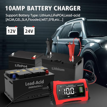 Lithium/LiFePO4/Lead Acid Battery Charger Smart Battery Trickle Charger 12V/24V 10A/5A Automotive Battery Maintainer Desulfator Temp Compensation for Car Truck Motorcycle Lawn Mower Marine RV