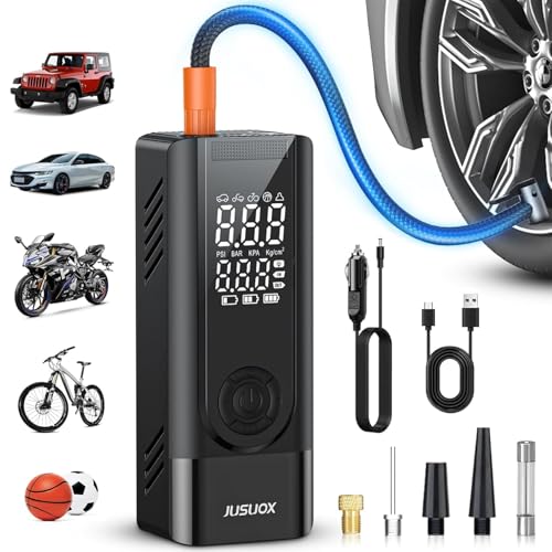 JUSUOX Tire Inflator Portable Air Compressor, 150 PSI Dual Power | Cordless & 12V DC Power, Large Capacity Battery, Digital Gauge, Emergency LED Light, Auto Shut-Off, for Car, Moto, Bike - color: Grey