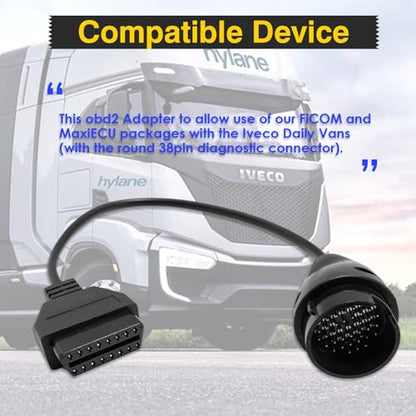 Truck OBD1 to OBD2 Cable for Iveco 38pin to 16pin Diagnostic Adapter | 38 Pin Cable Connector Compatible with Iveco Heavy Duty Trucks,Work with Truck Obdii Diagnostic Scanner Tools/Code Reader - style: Fit for Iveco 38pin