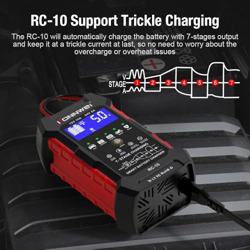 KONNWEI RC-10 Car Battery Tester 12V/24V – 7-Stage Automatic Charger and Pulse Repair Tool, Fast Charging, Trickle Mode, Overheat & Reverse Protection,Fast Charging for Car,Truck,Motorcycle,Marine