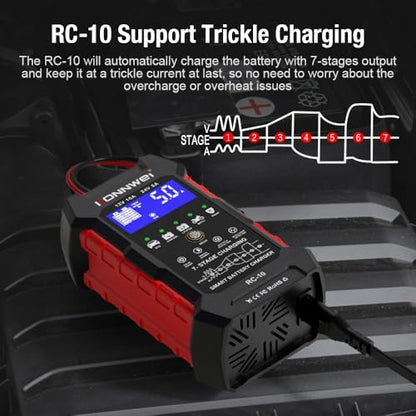 KONNWEI RC-10 Car Battery Tester 12V/24V – 7-Stage Automatic Charger and Pulse Repair Tool, Fast Charging, Trickle Mode, Overheat & Reverse Protection,Fast Charging for Car,Truck,Motorcycle,Marine