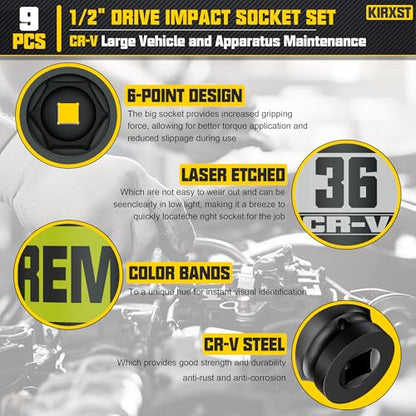 9 Piece 1/2" Drive Impact Socket Set, Metric Axle Nut Sockets, 29-38mm Thicker Jumbo Sockets, Socket Set, 6 Point, Cr-V Steel for Auto Repair - size: 1/2" 9pcs