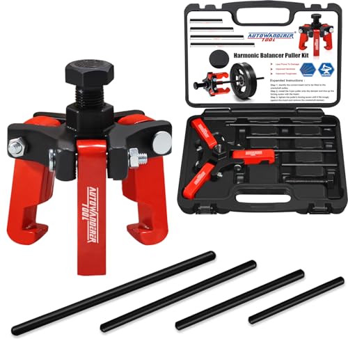 Harmonic Balancer Puller with Adjustable 3-Jaw Puller Kit, Forcing Screw Fits a 3/8" Square Drive and 4 Forcing Rods for Removing Harmonic Dampers & Balancers By Autowanderer Tool