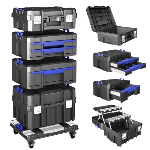 4 Tier Stackable Rolling Tool Box with Wheels | Modular Tool Organizer Box Storage System | Portable Tool Box with Drawers | Tough and Durable | for Garage Storage | Home Repairs | Professional Work - size: 4 Tier Stackable Tool Box