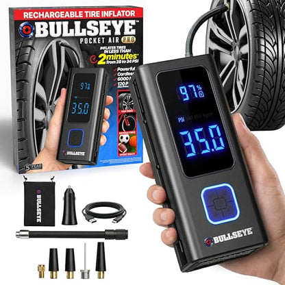 POCKET AIR PRO Tire Inflator Portable Air Compressor by Bullseye Pro for Tires, Balls, Inflatables, Auto Shut Off, Inflates in 2 Min, Cordless Rechargeable 6000 mAh,120 PSI, SoS Light for Emergencies - style: Pocket Air PRO