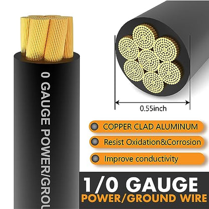 Jeemiter 1/0 Gauge Wire CCA Copper Clad Aluminum (20FT Black) - Battery Cable,Power/Ground Cable with Lug Terminal Connectors & 3:1Heat Shrink Tubing for Car Amplifier,Big 3 Upgrade,Auto - size: 20FT Black