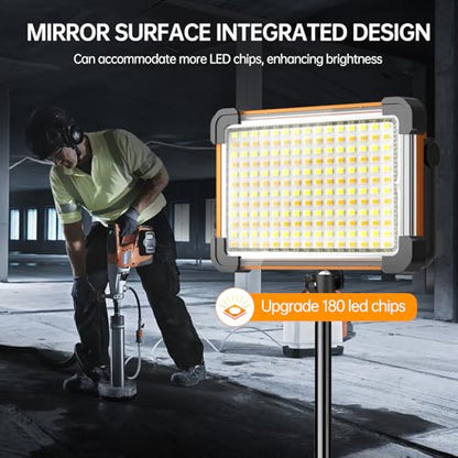 150W Solar Rechargeable Work Light, 180 LED 10000LM Portable Flood Light, IP65 Waterproof 3 Modes, with Stand, for Job Site Home Repair Camping Fishing Garage Workshop Emergency