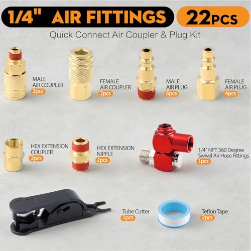 1/4" NPT Air Fittings Kit 22 Pcs — Male & Female Couplers and Plugs, 360° Swivel Coupling, Hex Extension Nipple, Tube Cutter| Air Compressor Accessories for Pneumatic Tools, Nail Gun, Spray Gun - size: 22 PCS