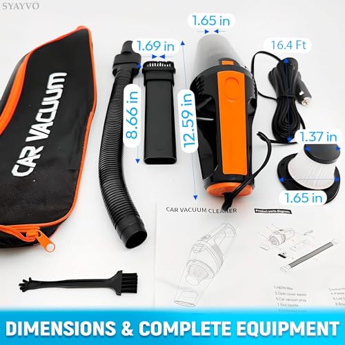 SYAYVO Portable Car Vacuum Cleaner - 8000PA/100W/DC12V Corded Vacuum Cleaner Handheld Vacuum with Attachments, LED Light Cleaning Kit 16.4 Ft Car Detailing Accessories for Women & Men