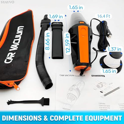 SYAYVO Portable Car Vacuum Cleaner - 8000PA/100W/DC12V Corded Vacuum Cleaner Handheld Vacuum with Attachments, LED Light Cleaning Kit 16.4 Ft Car Detailing Accessories for Women & Men