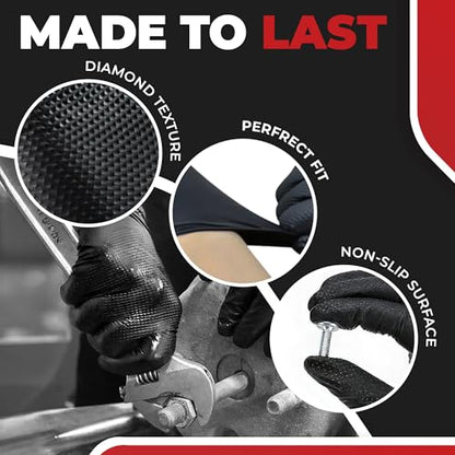 Industrial Nitrile Gloves – Heavy Duty Latex & Powder Free Disposable Gloves with Diamond Texture - color: Black, size: Medium (Pack of 50)