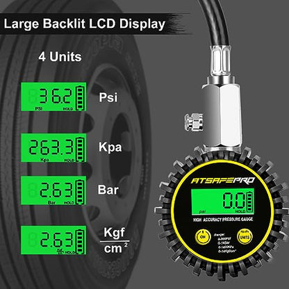 Digital Tire Pressure Gauge,ATsafepro Tire Pressure Gauge with Flexible Hose and Angled Chuck, Tire Pressure Gauge for Cars,Air Pressure Gauge - Professional Accuracy - 200 PSI