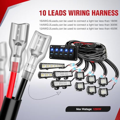 Nilight 16AWG 14AWG 12AWG LED Light Bar Wiring Harness Kit 12V On/Off 5 Gang Rocker Switch Panel Power Relay Blade Fuse 5Pin Toggle Switches for Cars Boat ATV Trucks-10 Leads - color: 5Gang Rocker Switch 16AWG Wiring Harness