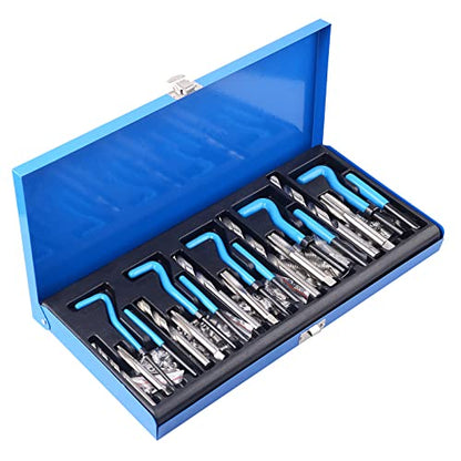 DAYUAN 131Pcs SAE Thread Repair Kit, HSS Drill Helicoil Kit Standard | SAE 1/4"-1/2" Sizes，Repairs Stripped & Damaged Threads，High-Speed Steel Tools，45# Steel Inserts，Storage Case - size: Blue - 131Pcs-SAE