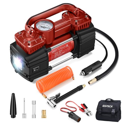 GSPSCN Heavy Duty Tire Inflator 12V Portable Air Compressor Pump 150PSI | 6X Faster Inflation Dual Cylinder Metal Air Pump with Led Light for Car, RV,Pickup Truck, SUV, Van,Camper, Air Bed,Balls - color: Red