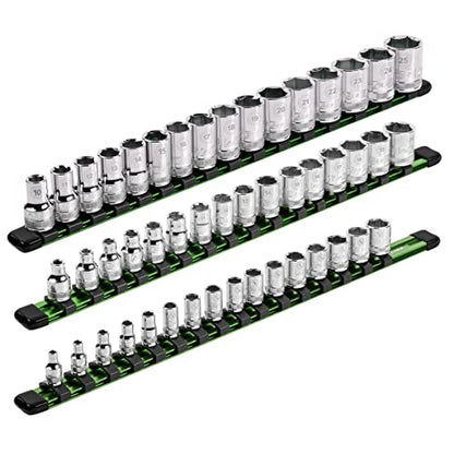ARES 60045-3-Piece 17-Inch Green Aluminum Socket Rail Set - 1/4-Inch, 3/8-Inch, and 1/2-Inch Drive Socket Organizers Hold 48 Sockets - color: Green, size: Multi-Drive