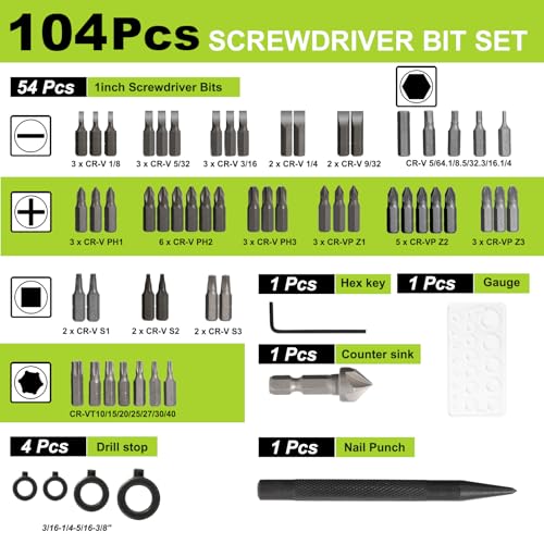 Drill Bit Set, 104 Pcs Screwdriver Bits for Cordless Drill, Screwdriver Drill Bits Set Combo Kit for Wood, Metal Masonry Cement, Storage Case - size: 104 Pieces