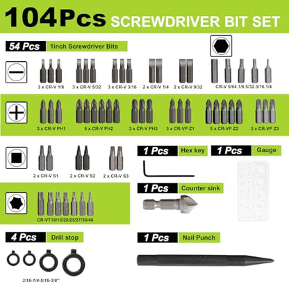 Drill Bit Set, 104 Pcs Screwdriver Bits for Cordless Drill, Screwdriver Drill Bits Set Combo Kit for Wood, Metal Masonry Cement, Storage Case - size: 104 Pieces