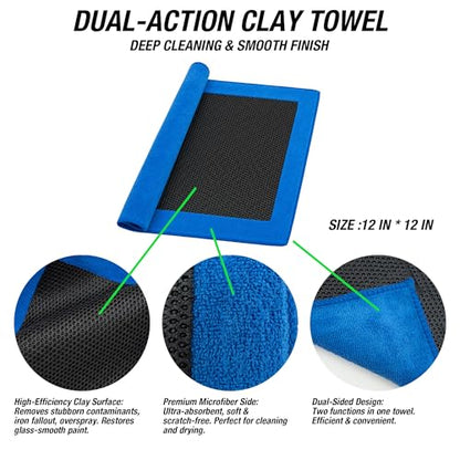 Clay Towel - Auto Detailing Clay bar Towel - Decontaminate Paint and Glass for Smoth Washing - Improve Wax and Sealant Bonding, Enhance Gloss and Color Depth - 3 Pcs 12" x 12"（Blue） (Blue)