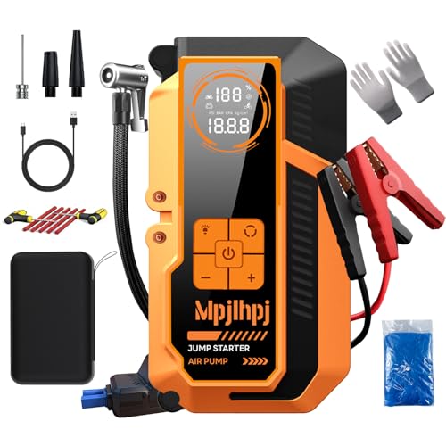 Jump Starter with Air Compressor, 4000A Battery Jumper Starter Portable (8L Gas/6L Diesel) with 150PSI Auto-Shutoff Tire Inflator, 12V Jump Box Car Battery with Lights,Gloves,Car Emergency Kit - color: ORANGE