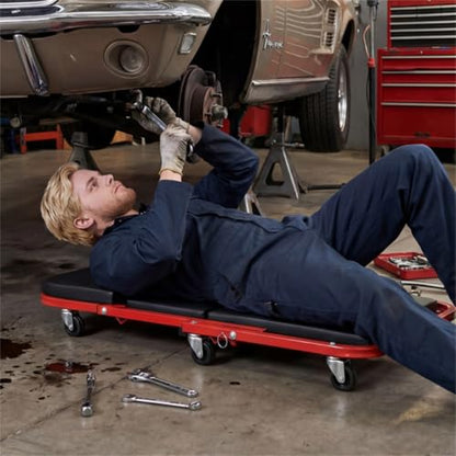 Folding Mechanic Creeper Stool, Heavy Duty Padded Seat for Garage Workshop, Low Profile Auto Repair Rolling Seat with Tool Tray, Shop Stool Workshop Seat Car Repair Creeper Under Car Creeper