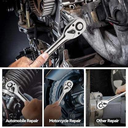 DISEN 3-Piece Standard Ratchet Set – 1/4", 3/8", 1/2" Drive with EVA Storage Tray | 100-Tooth Ratchet, Non-Slip Grip, Quick Release Button | Reversible Design with 3.6° Swing for Tight Spaces - size: 1/4''+3/8''+1/2'' Set, style: 100T Standard Ratchet Set