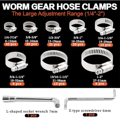 175Pcs Worm Gear Hose Clamps 304 Stainless Steel Assortment Kit 1/4"to 2"(6-51mm) Adjustable Hose Clamps, Small Heavy Duty Hose Clamps for Automotive/Garden/Water Pipe/Sprinkler Line/Fuel Line - size: 175pcs