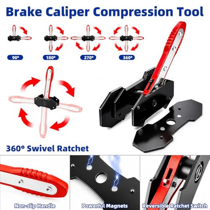 Brake Caliper Compression Tool, 360° Adjustable Ratcheting Brake Pad Spreader for Single Twin Quad Piston Calipers, Extra Include 2 Hooks & 2 Magnetic Steel Plates, Cars Disc Brake Repair Tool