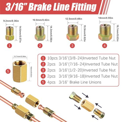 Copper Coated Brake Line 3/16 Coated Steel Brake Line Tubing Kit (3/16" x 25FT) with 16 Fittings & 4 Unions - size: 3/16 inch
