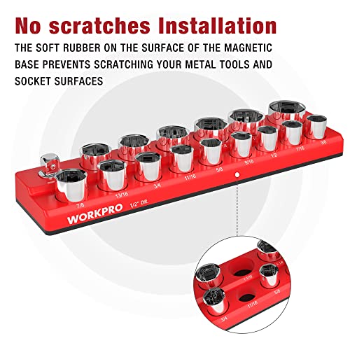 WORKPRO Magnetic Socket Organizer, 1/2-Inch SAE Socket Holder | Hold 16-Piece Sockets, Suitable for Standard and Deep Socket, Magnetic Base, No Scratches Installation, Sockets not Included - size: 1/2" DR - SAE