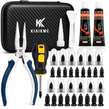 Tire Repair Screws Kit, Screw in Tire Plugs for Emergency Puncture Repair, Rubber Nail Screw in Tire Plug Kit with Pliers, Screwdriver & Rubber Cement for Tubeless Tires